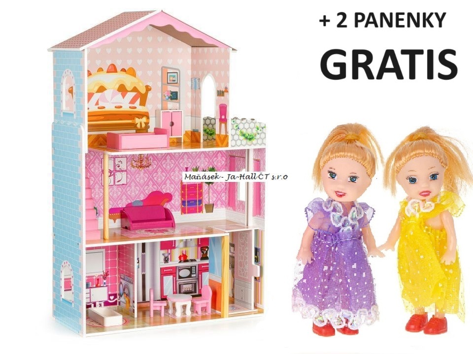 XXL Dřevěný domeček pro panenky s VÝTAHEM 108cm - Rezidence dortík + DÁREK 2 panenky