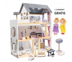 KIK Dřevěný domeček pro panenky s příslušenstvím 78cm LED + DÁREK 2 panenky